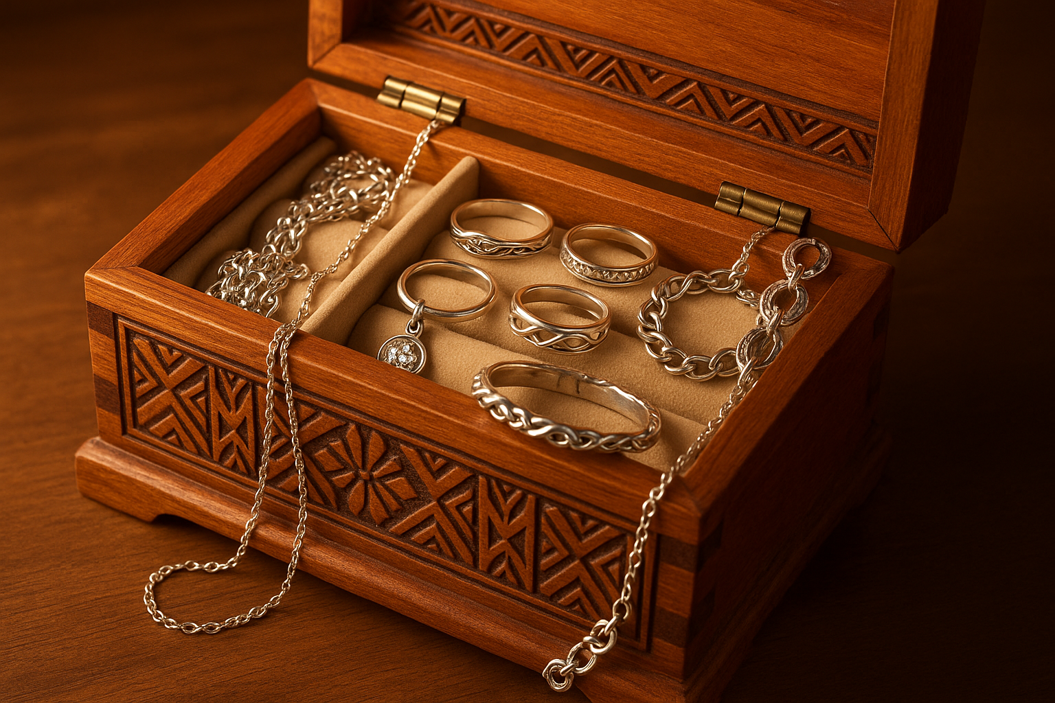 Joyero artesanal con colección de plata