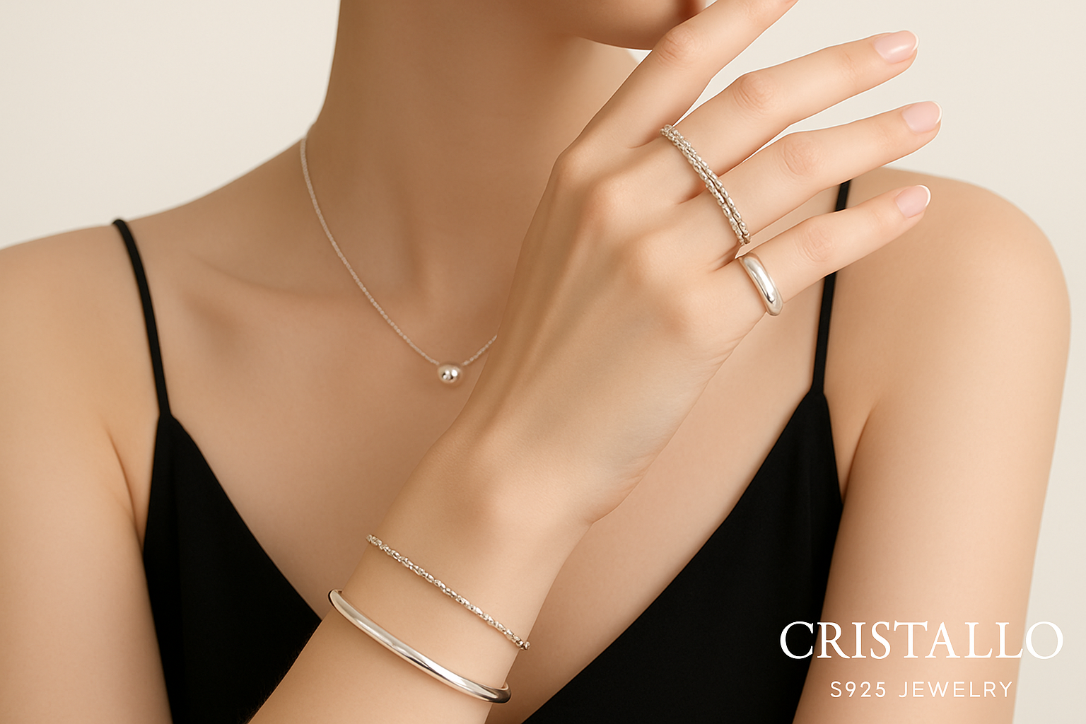 Modelo luciendo colección de joyas de plata